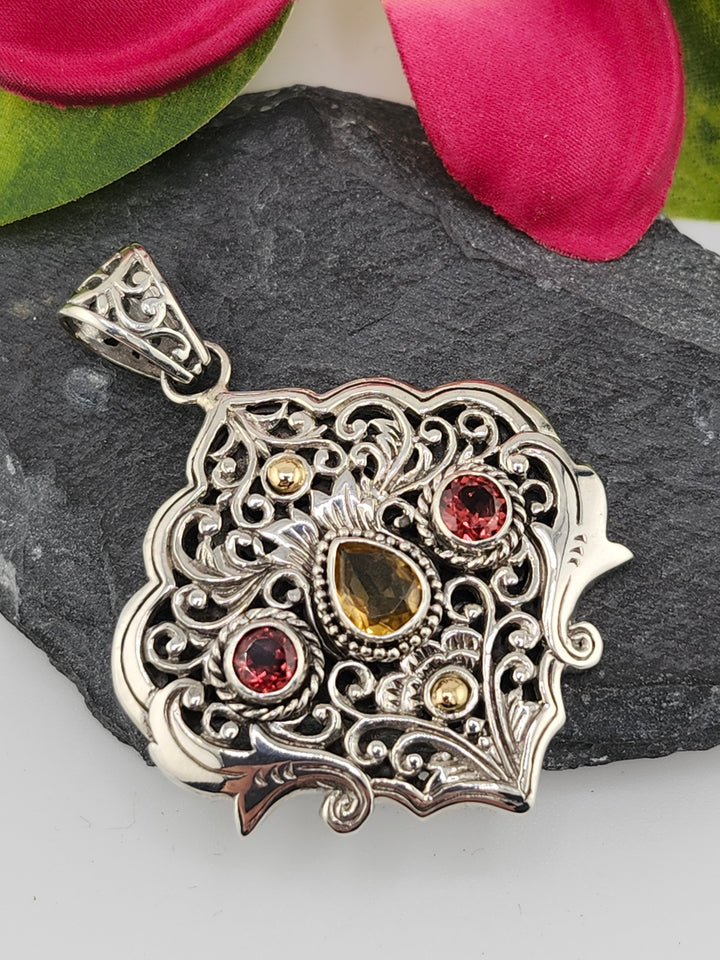 Citrine/Garnet & 18k Accented Bali Pendant