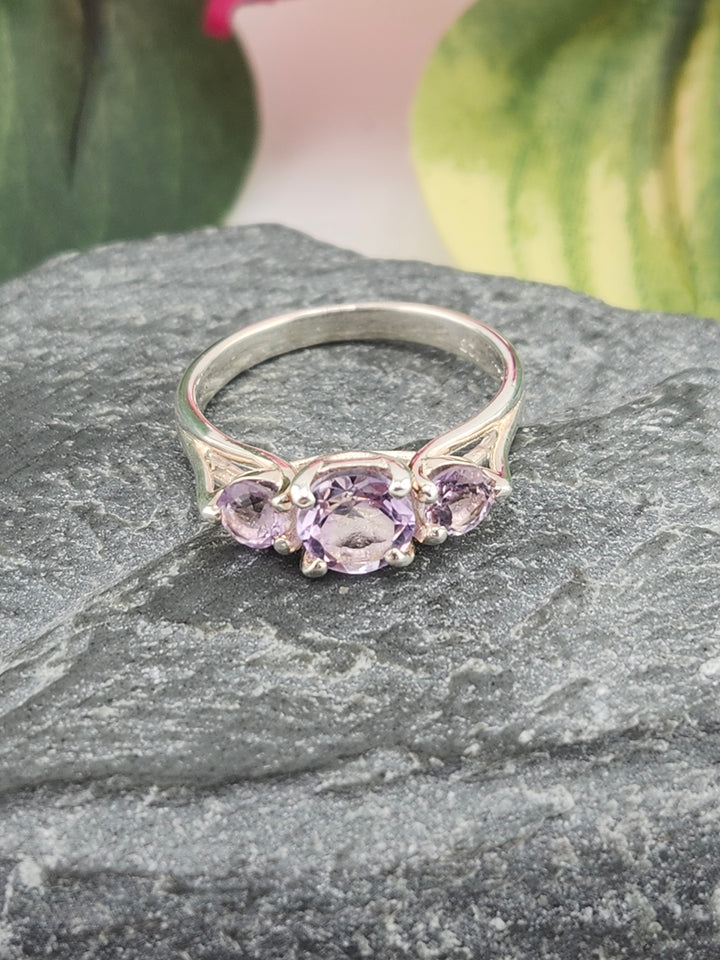 Three Stone Amethyst and 925 Sterling Silver Ring - Size 6.5