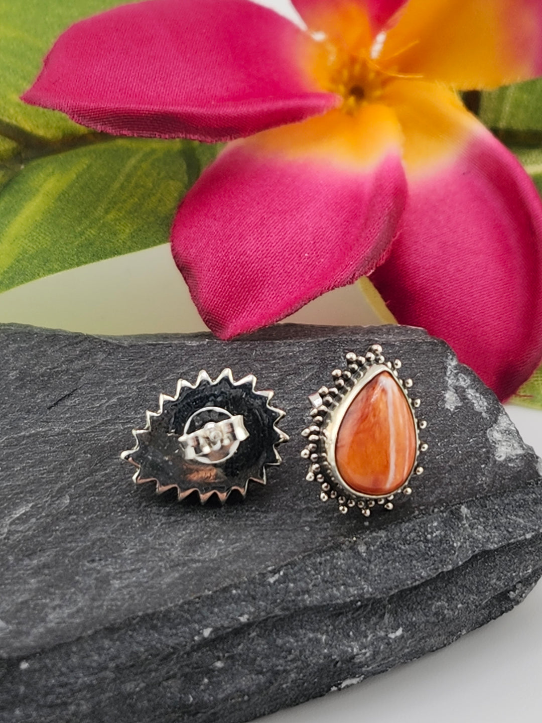 Orange Spiny Oyster Teardrop Stud Earrings