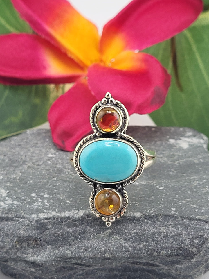 Turquoise & Baltic Amber Ring Size 10