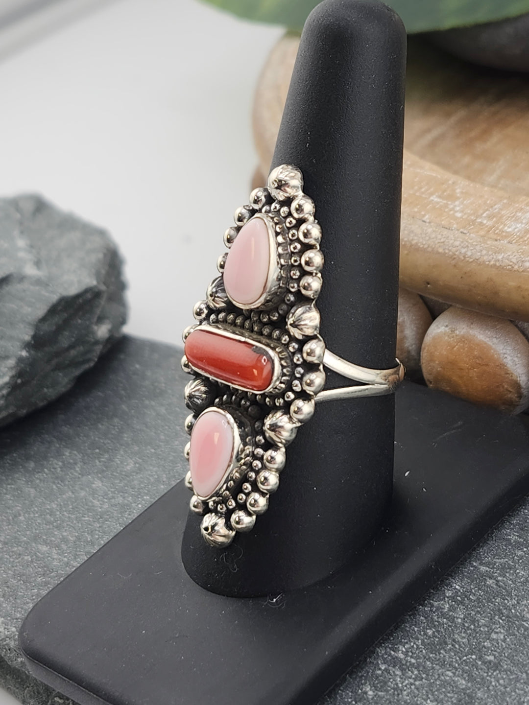 Southwest Queen Conch and Italian Coral Ring Size 8 3/4
