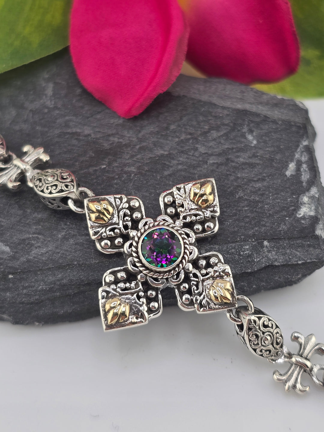 Real Mystic Topaz 925 Sterling Silver and 18k Gold Accented Bali Bracelet Adj 7.5" to 8"