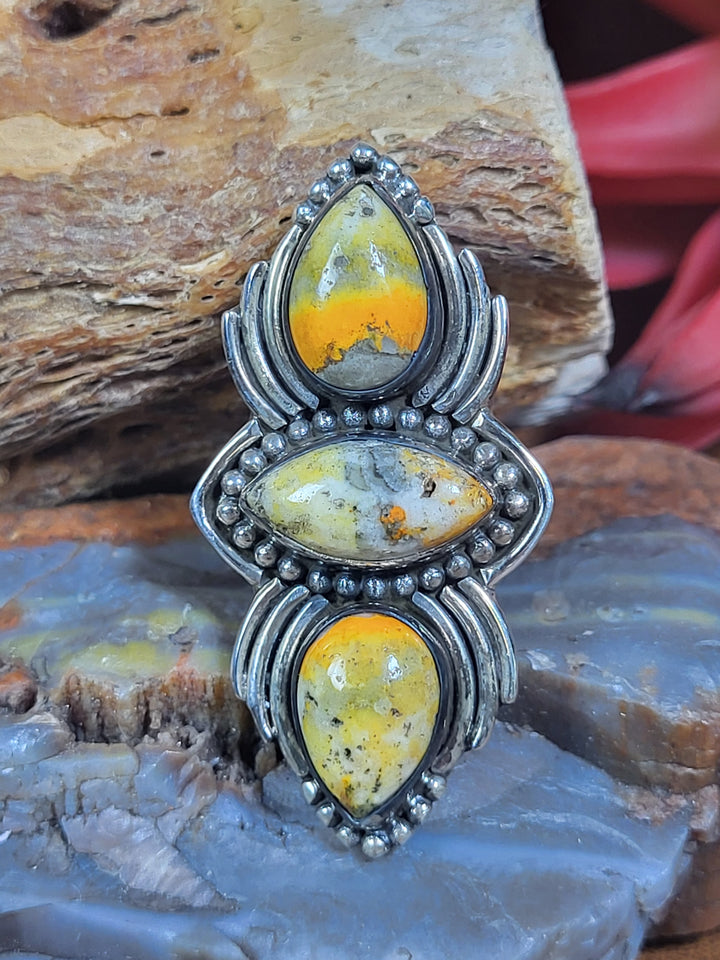 Natural Bumblebee Jasper 925 Sterling Silver Triple Stone Ring - Size 6