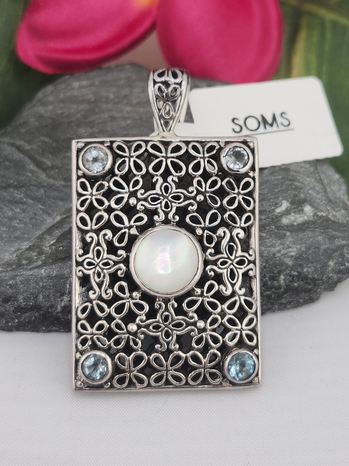 Designer SOMS Mother of Pearl/Blue Topaz and 925 Sterling Silver Pendant