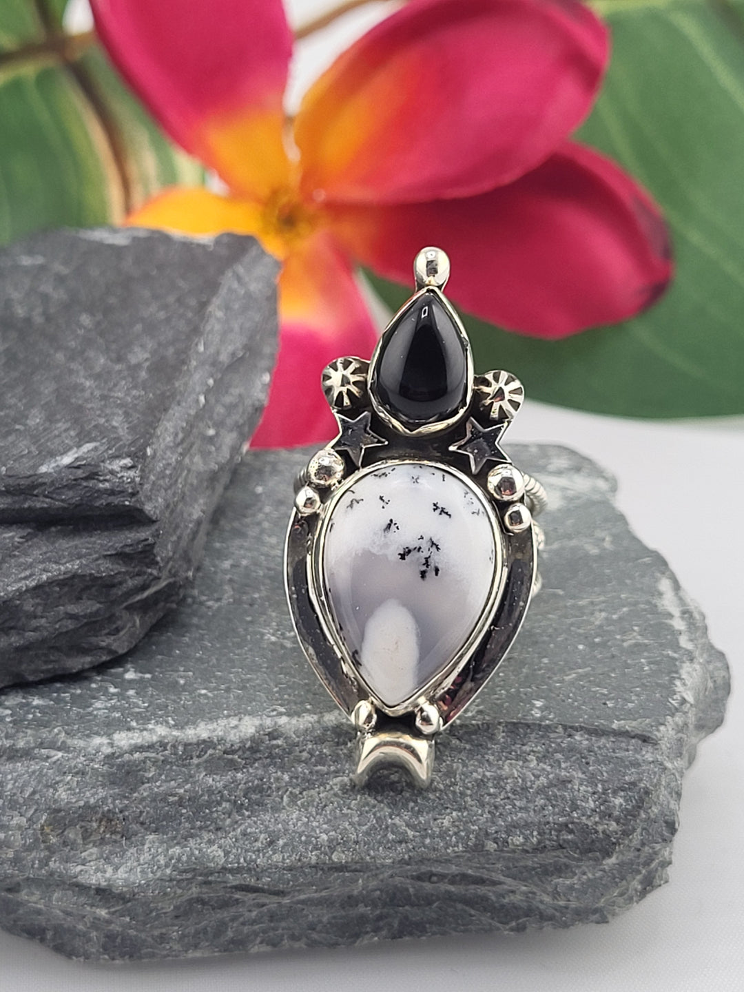 Dendritic Opal & Black Onyx Ring Size 7