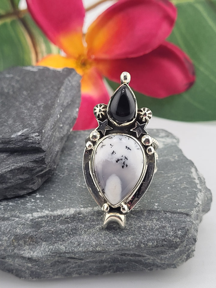 Dendritic Opal & Black Onyx Ring Size 7