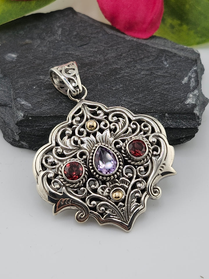 Amethyst/Garnet & 18k Accented Bali Pendant