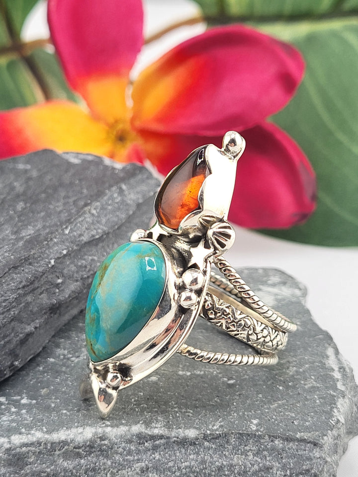 Turquoise & Baltic Amber Ring Size 10