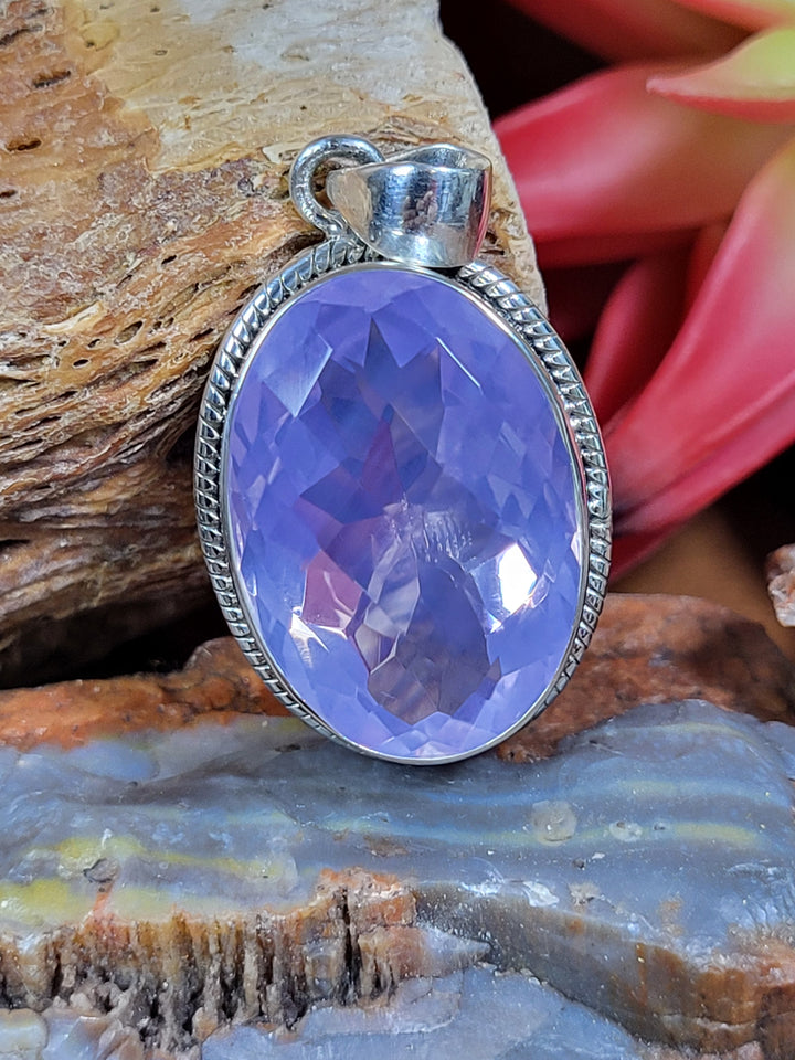 Natural Lavender Quartz 925 Sterling Silver Rose Cut Pendant - 1 1/2"