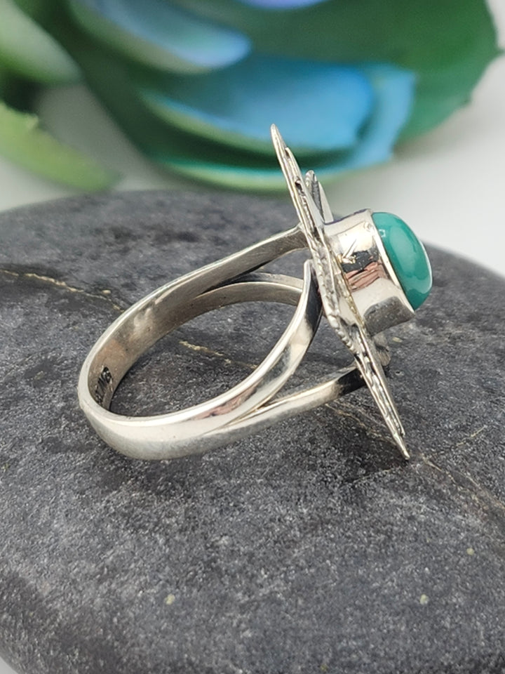 Kingman Turquoise and 925 Sterling Silver Star Ring - Size 8.75