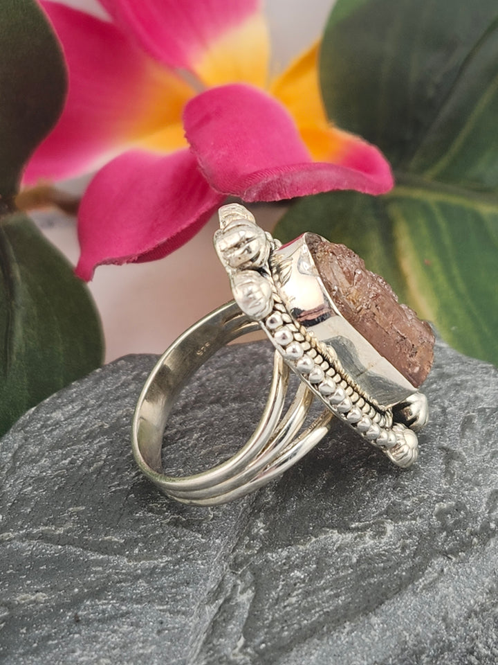 Raw Pink Tourmaline and 925 Sterling Silver Ring - Size 9.5