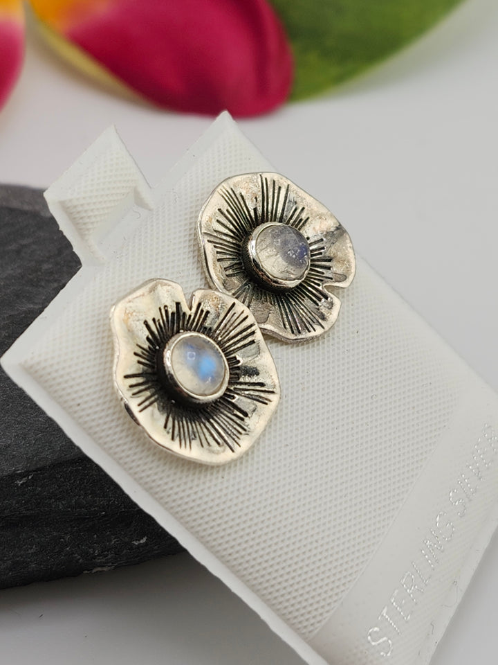 Moonstone Flower & 925 Sterling Silver Stud Earrings