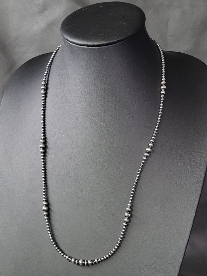 Oxidized Sterling Silver Graduated Bead Station Necklace 3‐6mm 24"+2" extension