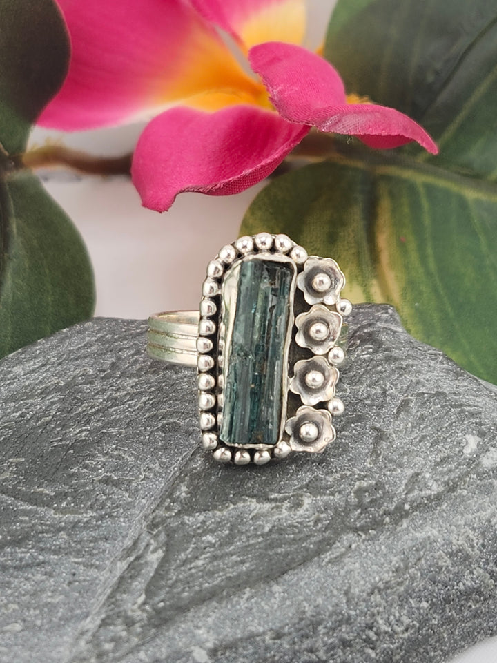 Raw Blue Tourmaline and 925 Sterling Silver Ring - Size 7