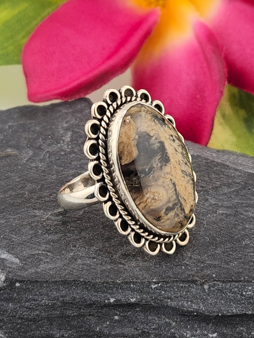 Tiger Dendritic Agate Ring & 925 Sterling Silver Size 6