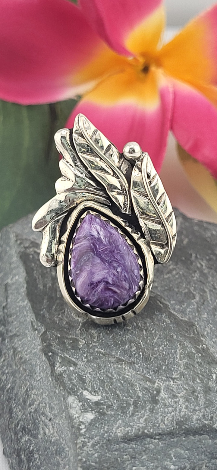 Charoite Teardrop & 925 Sterling Silver Leafs Ring Size 7