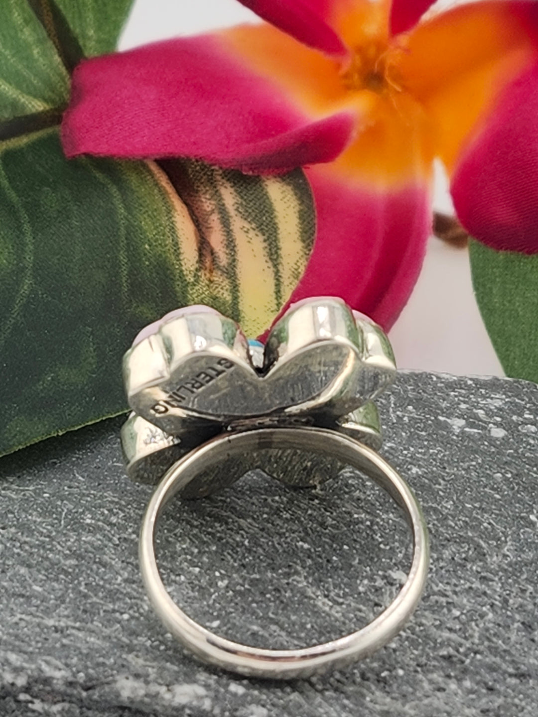 Queen Conch and Turquoise Heart Flower Ring Size 7