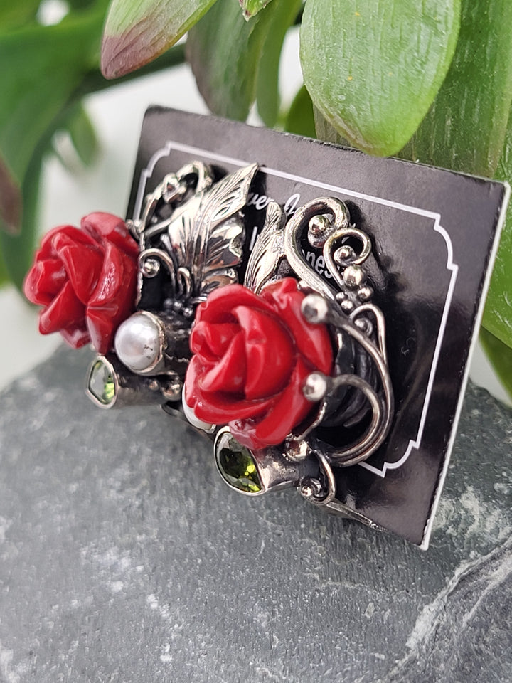 925 Sterling Silver Carved Resin Rosebud Omega Back Earrings with Pearl and Peridot