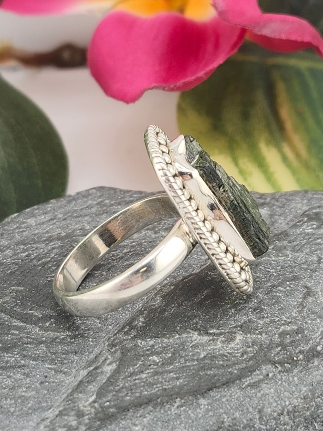 Raw Green Tourmaline and 925 Sterling Silver Ring - Size 7