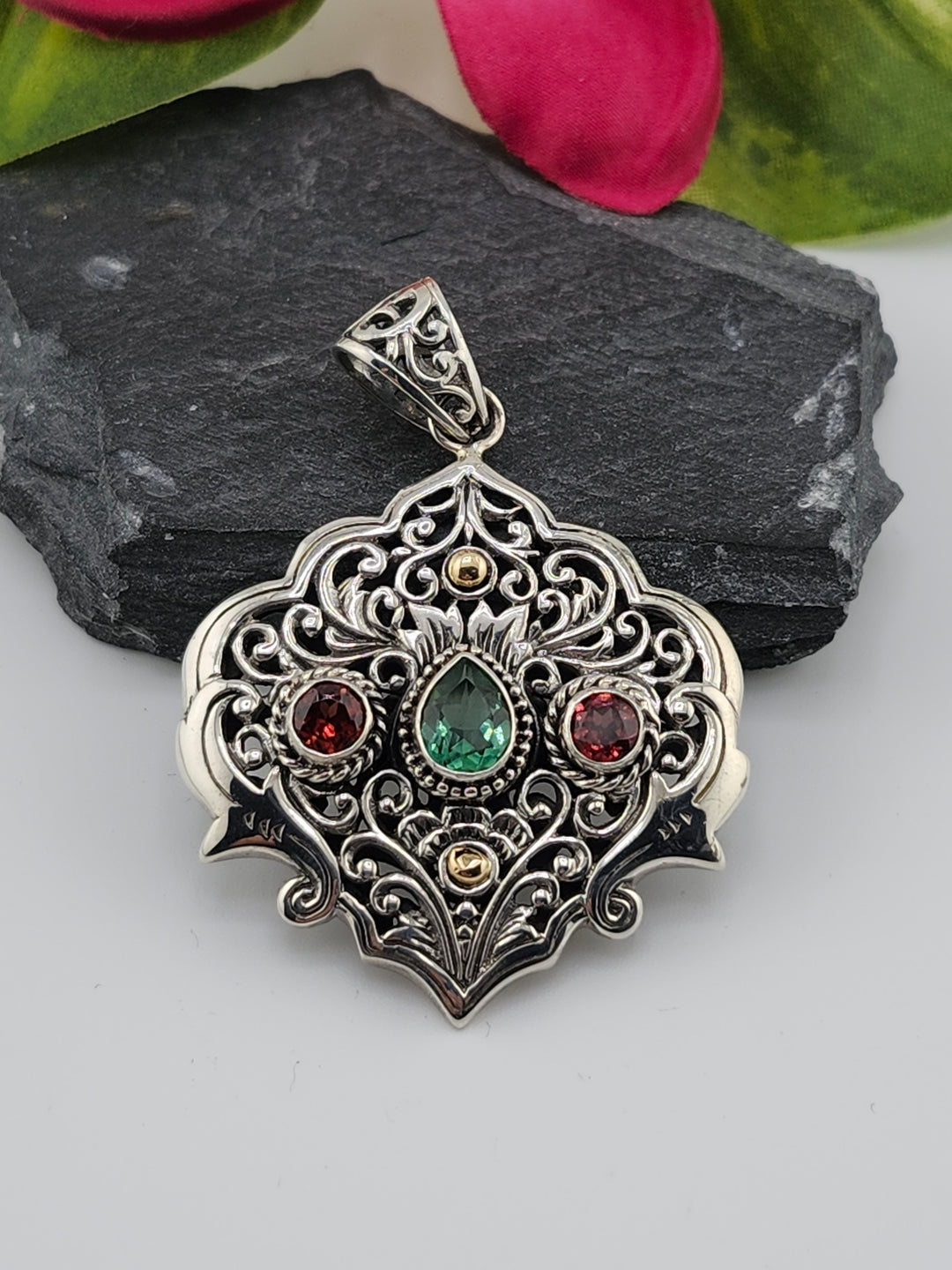 Green Quartz/Garnet & 18k Accented Bali Pendant