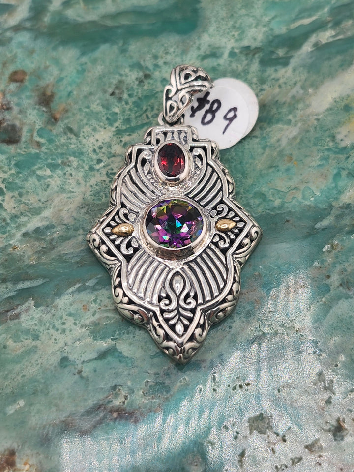 Bali 925 Sterling Silver/18K and Mixed Gemstone Pendant