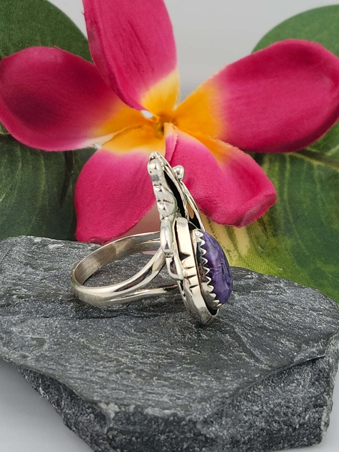 Charoite Teardrop & 925 Sterling Silver Leafs Ring Size 9