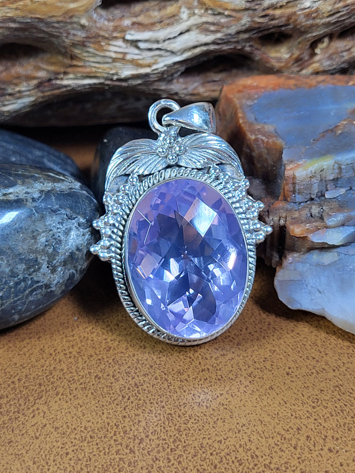 Natural Lavender Quartz 925 Sterling Silver Rose Cut Pendant - 1 1/2"