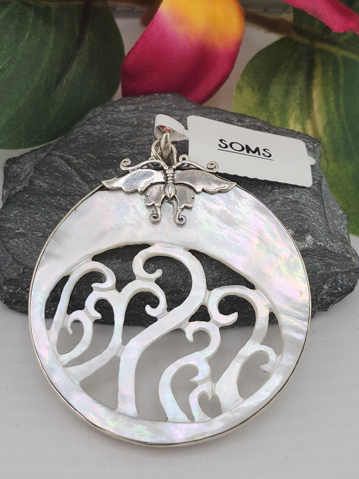 Designer SOMS Mother of Pearl and 925 Sterling Silver Lunar Moth Pendant