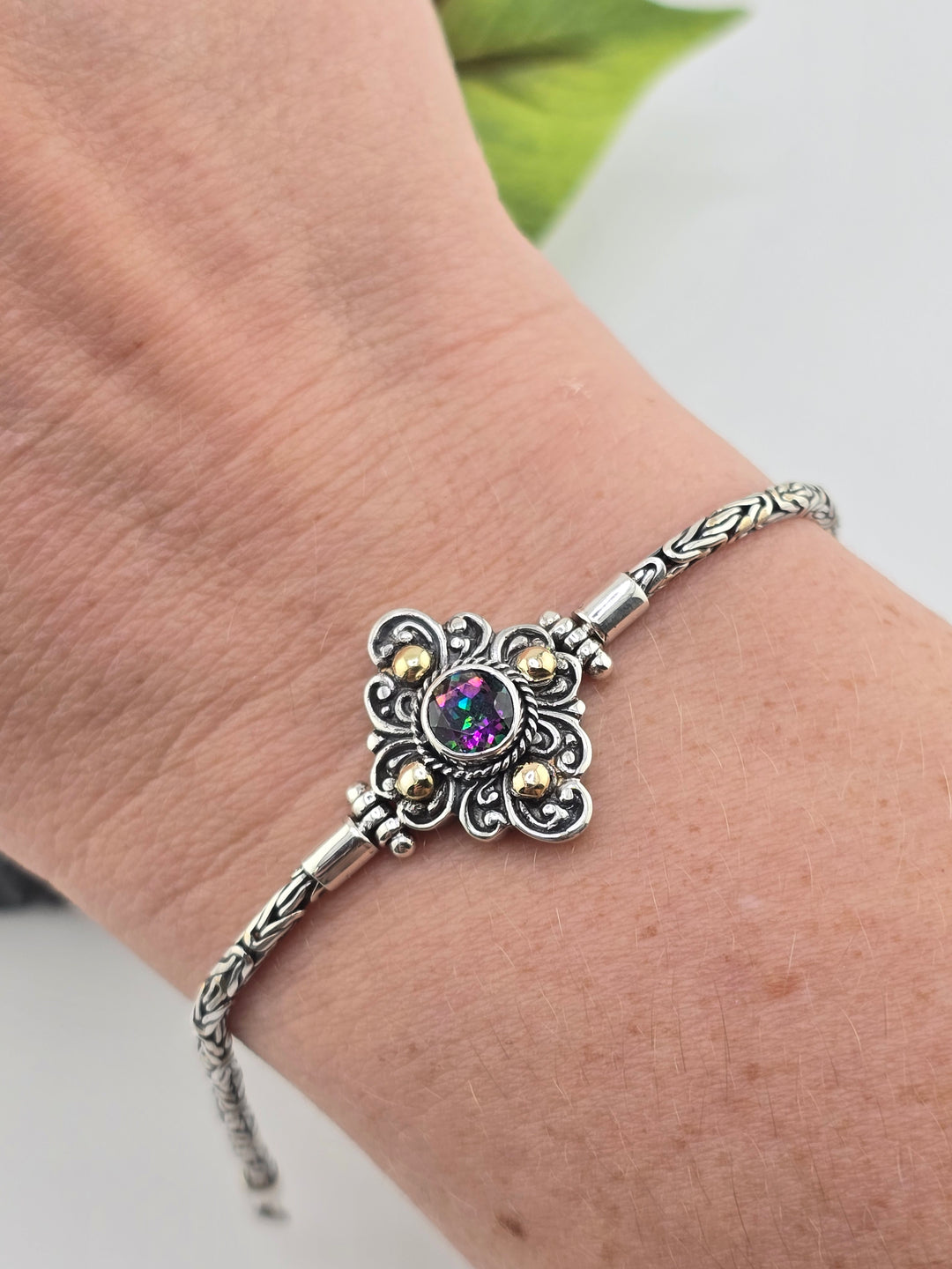 Real Mystic Topaz 925 Sterling Silver and 18k Gold Accented Bali Bracelet 7"