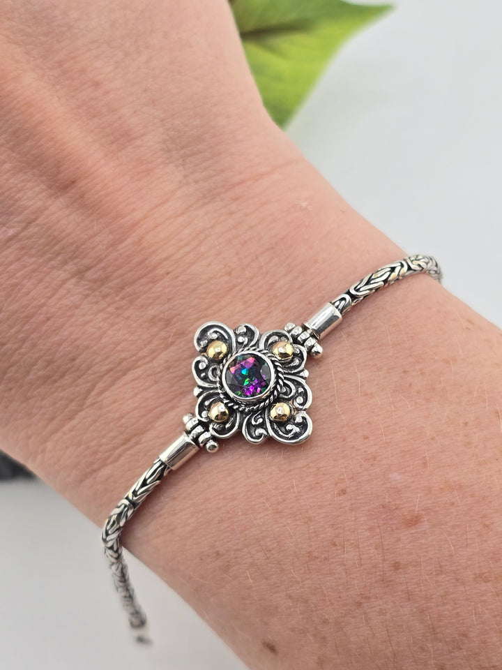 Real Mystic Topaz 925 Sterling Silver and 18k Gold Accented Bali Bracelet 7"
