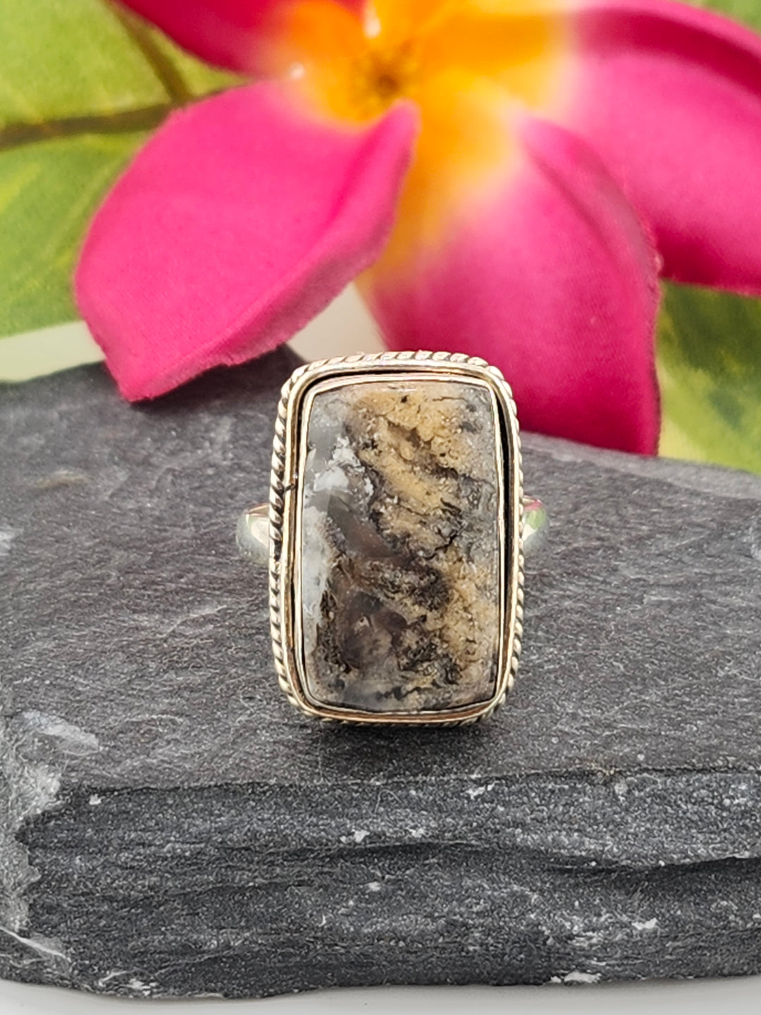 Tiger Dendritic Agate Ring & 925 Sterling Silver Size 6