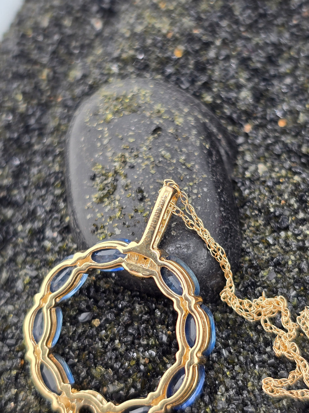 14k Gold Sapphire & Diamond Halo Circle Pendant on 14k Gold 18" Chain