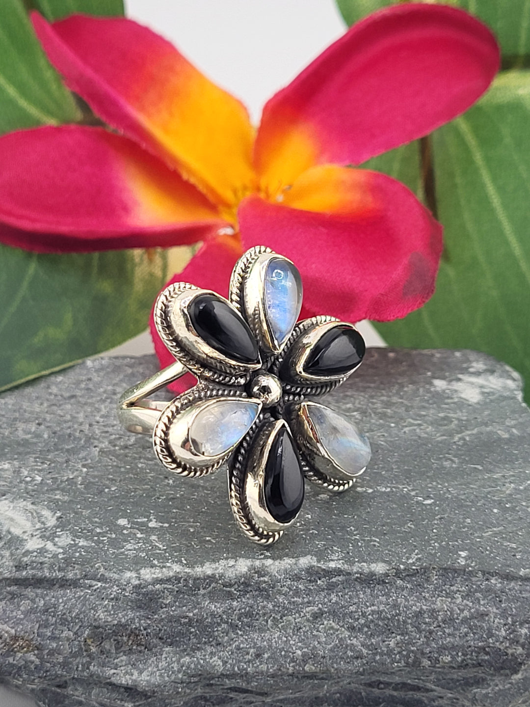 Moonstone & Onyx Flower Ring Size 6