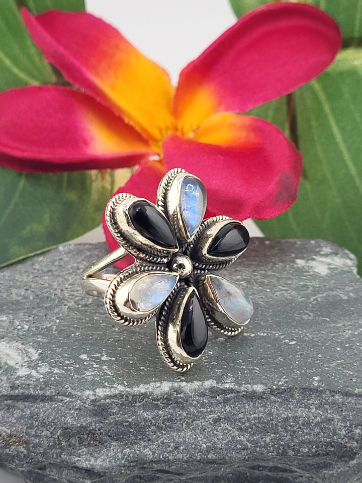 Moonstone & Onyx Flower Ring Size 6
