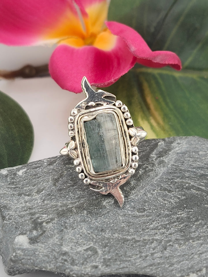 Raw Blue Tourmaline and 925 Sterling Silver Ring - Size 7