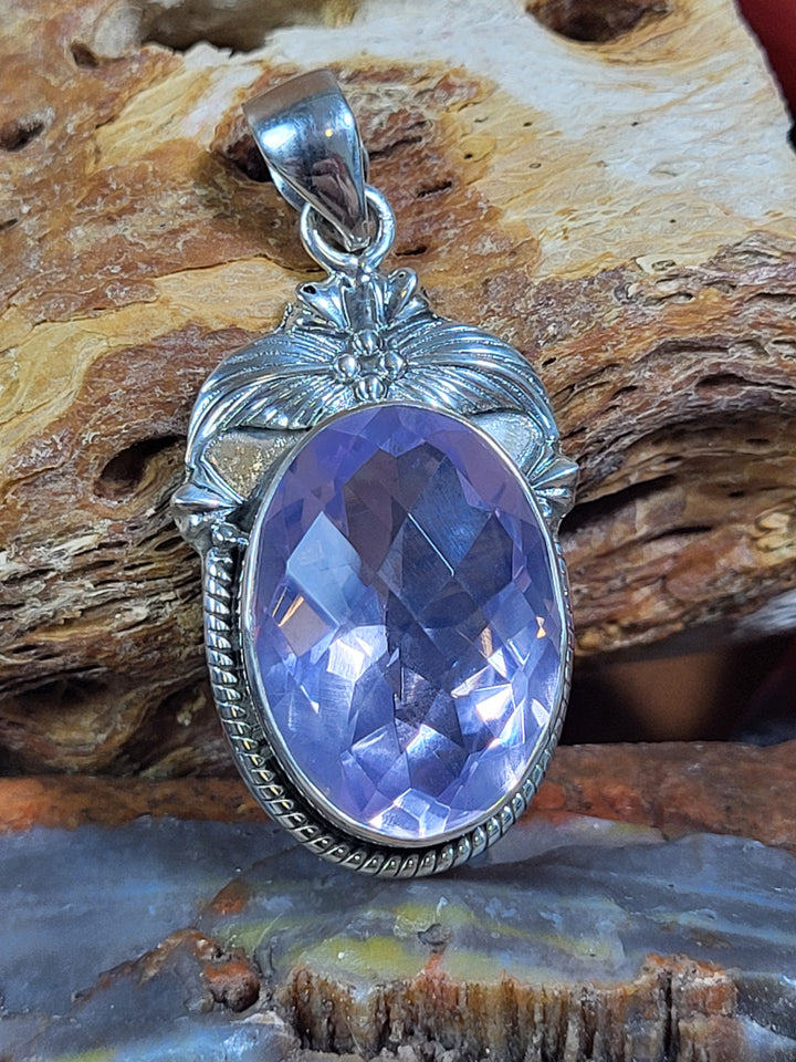 Natural Lavender Quartz 925 Sterling Silver Rose Cut Pendant - 1 3/4"