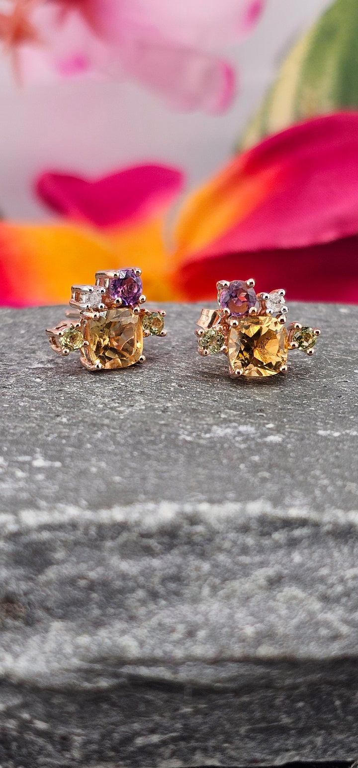 10k Rose Gold Natural Diamond and Gemstone Cluster Studs