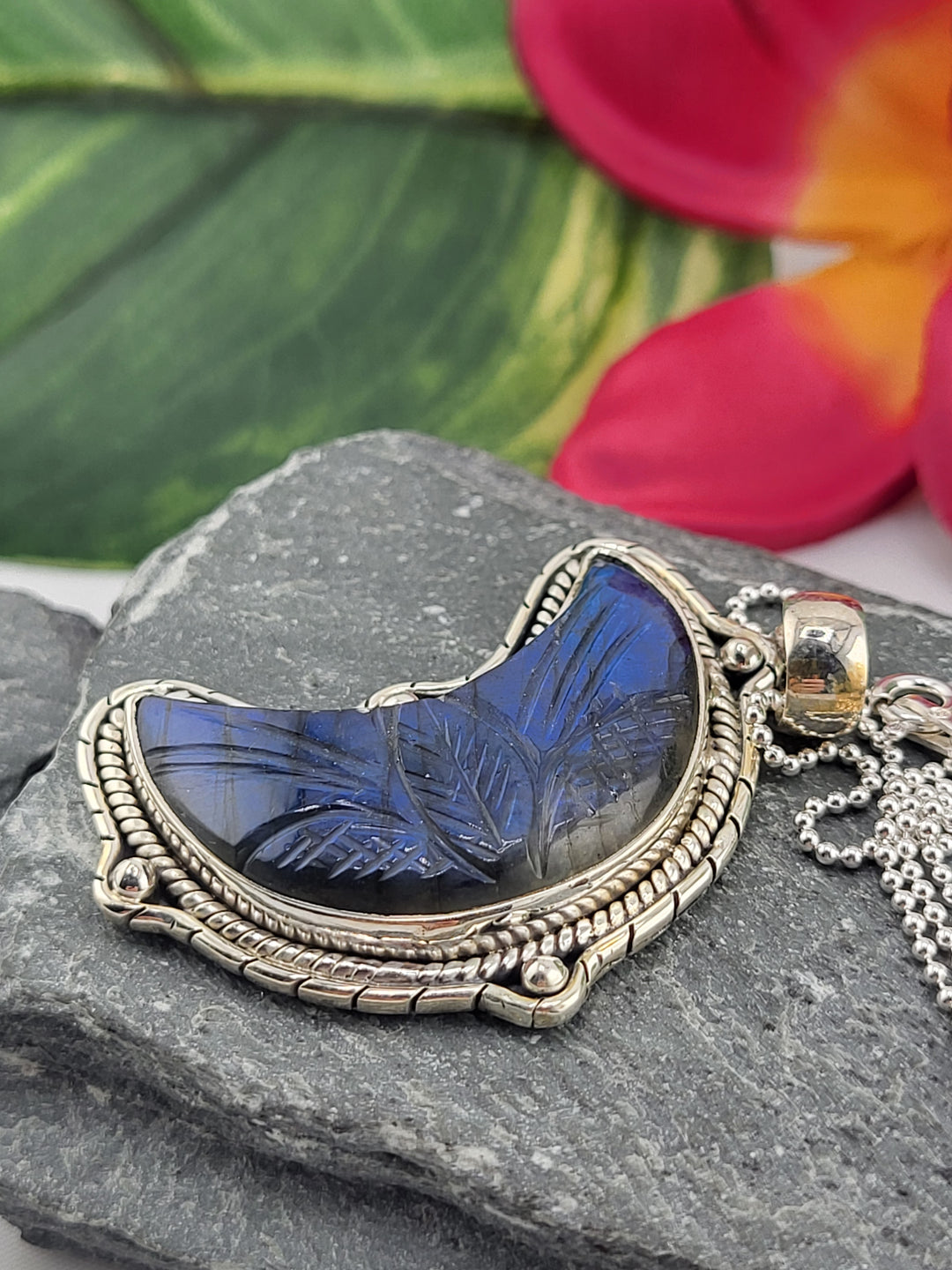 Carved Blue Labradorite Crescent Moon Necklace