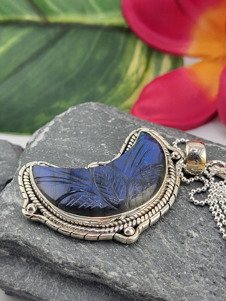 Carved Blue Labradorite Crescent Moon Necklace