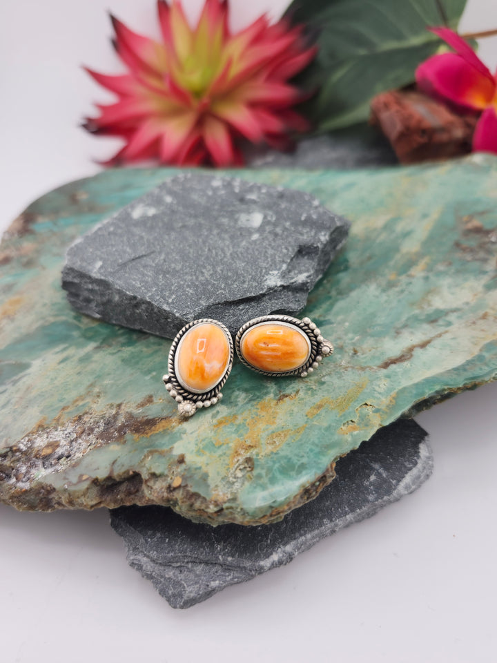 Southwest 925 Sterling Silver Orange Spiny Stud Earrings