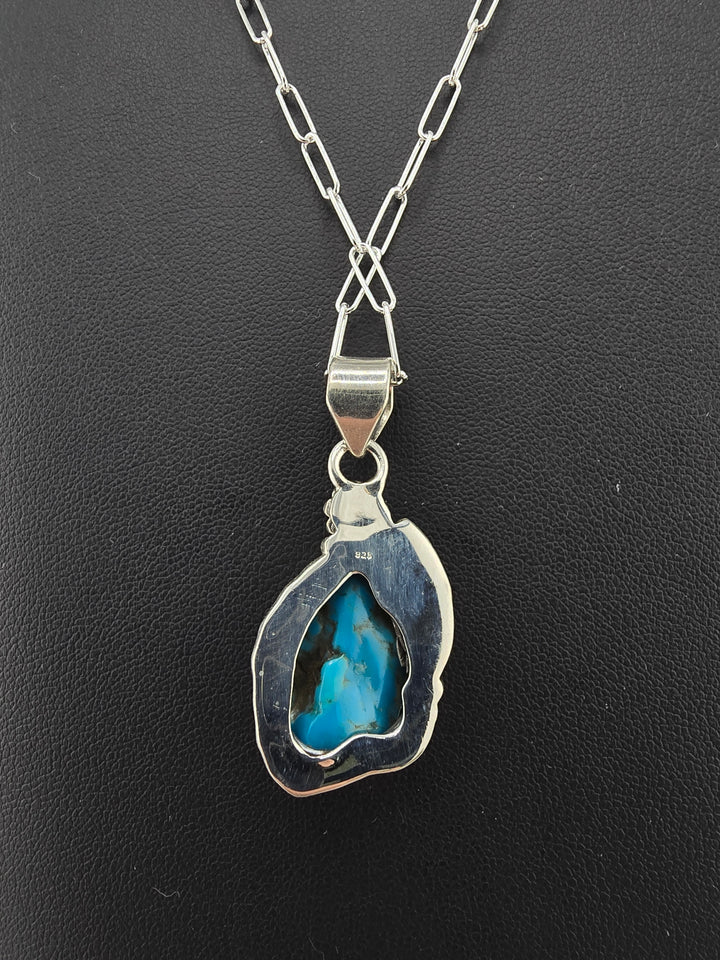 Raw Kingman Turquoise 925 sterling silver pendant w/ 18" 3mm paperclip Chain