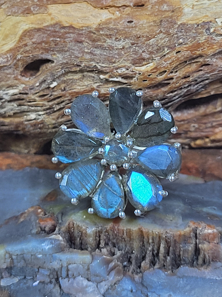 Natural Blue Labradorite 925 Sterling Silver Flower Ring - Size 5
