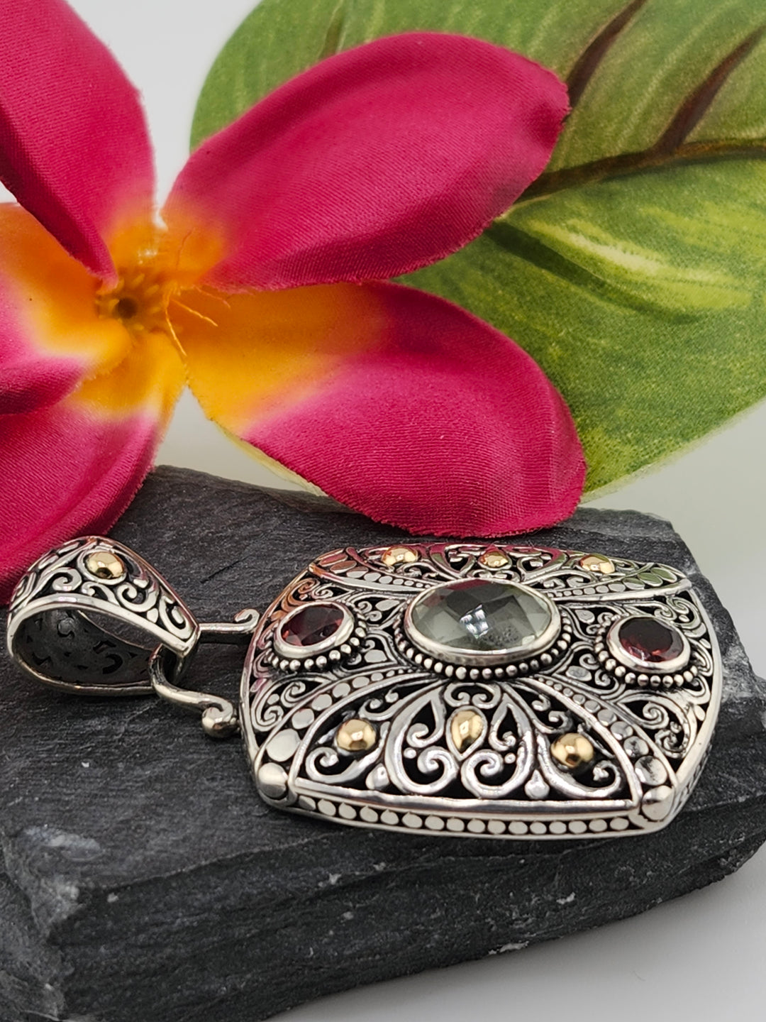 Green Amethyst (Praisolite)/Garnet & 18k Accented Bali Pendant