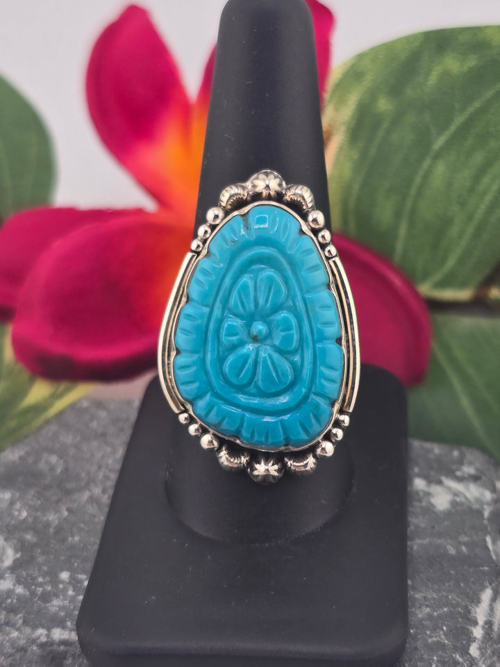 Carved American Turquoise sterling silver 925 ring size 9.5