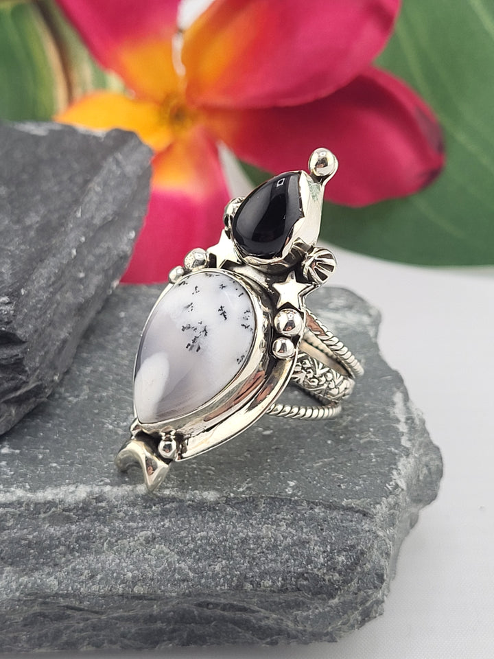 Dendritic Opal & Black Onyx Ring Size 7