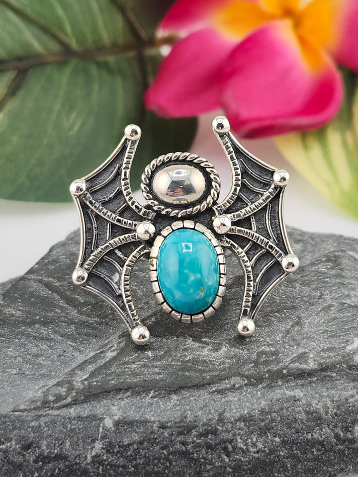 Kingman Turquoise and 925 Sterling Silver Spider Ring - Size 9