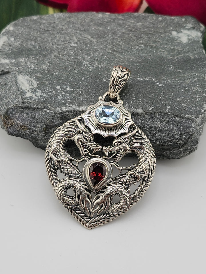Topaz & Garnet Double Dragon Pendant