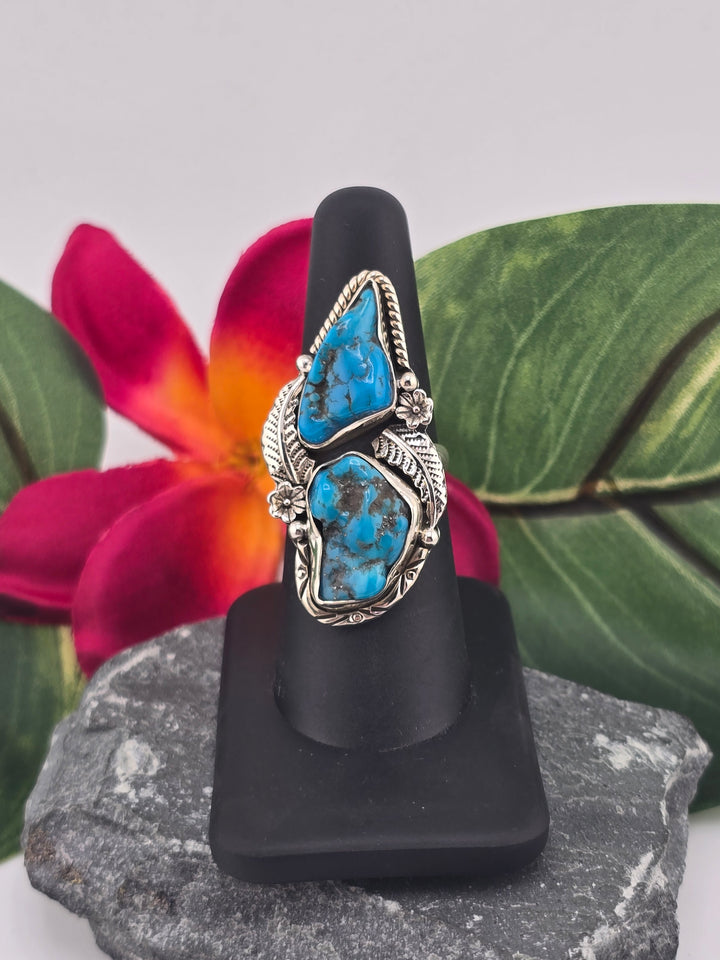 Double stone Kingman Turquoise sterling silver 925 ring size 7