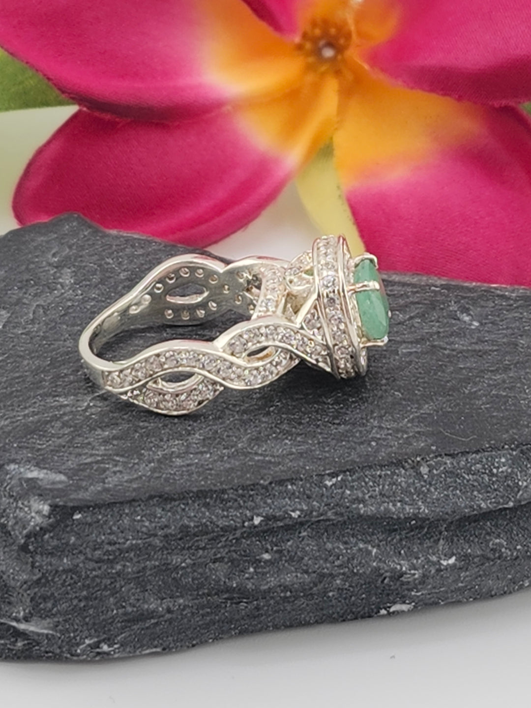 Emerald and 925 Sterling Silver w/CZ Ring