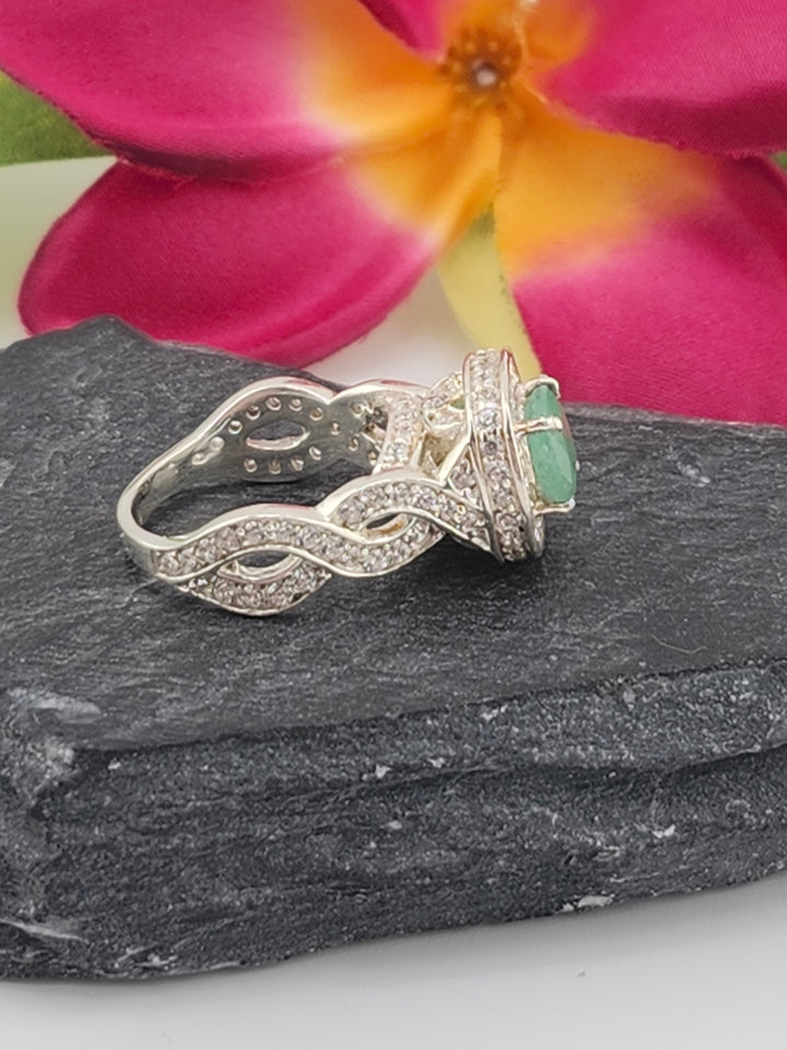 Emerald and 925 Sterling Silver w/CZ Ring